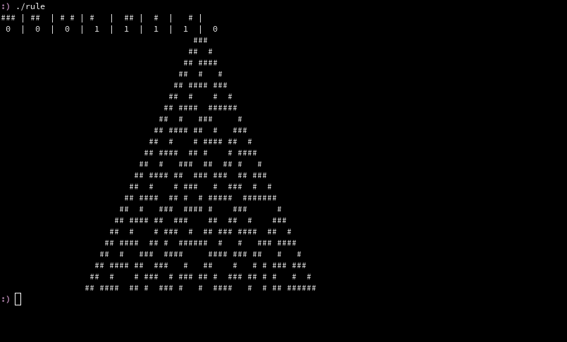 [rule.c: the 1-D cellular automaton, rule 30]