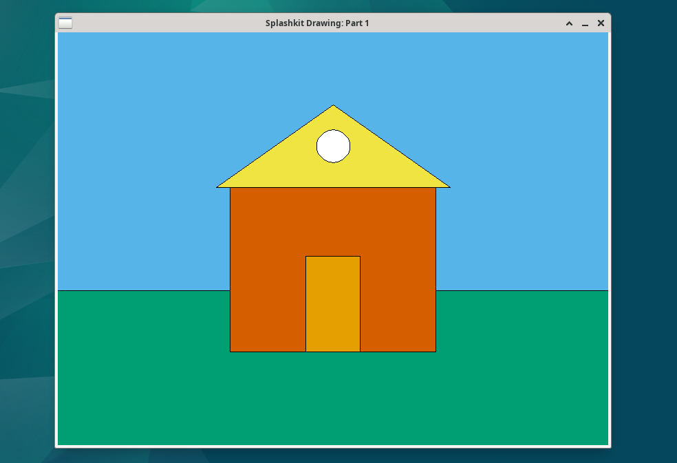 Screenshot of a SplashKit window (width=960px, height=360px) with a basic house