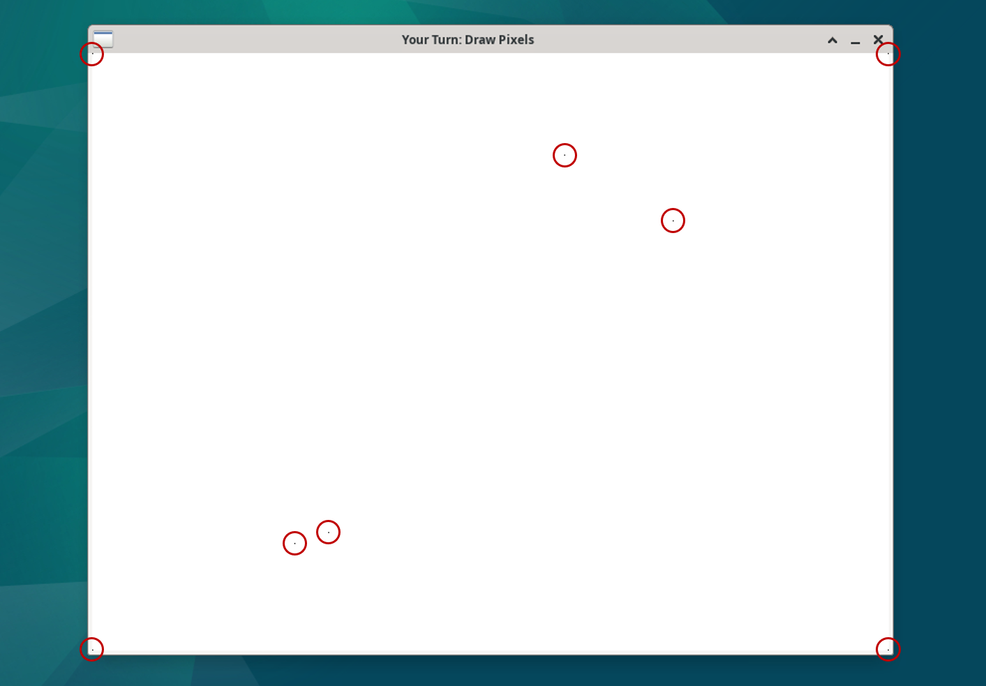Screenshot of a SplashKit window displaying an empty SplashKit window with 8 pixels, each highlighted with a dark red circle