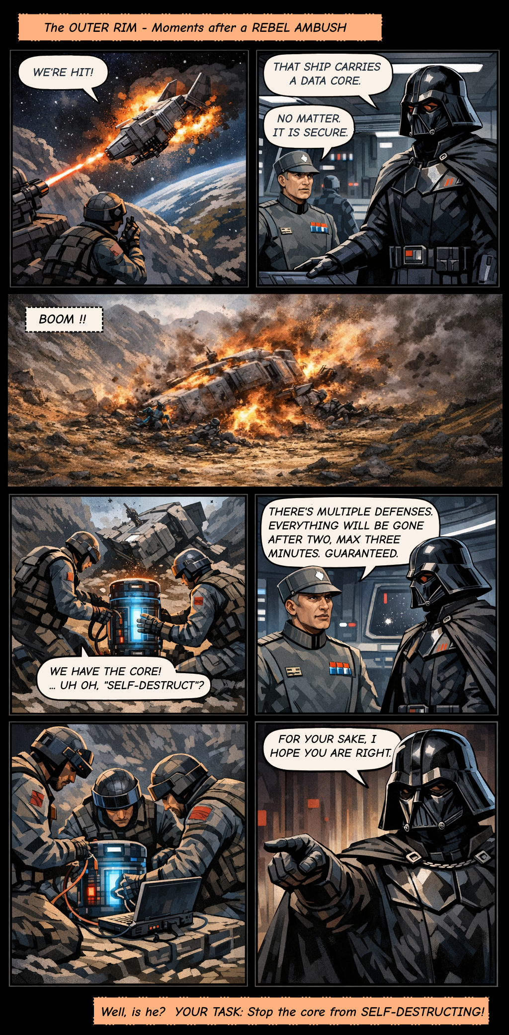 Comic strip. Panel (1) A ship is shot down. (2) The Lord Commander warns that that ship has a data core. A nearby admiral says not to worry as the data is secured. (3) The ship crashes. (4) Rebels extract the data core. (5) The admiral says that the data core has multiple defenses. (6) The rebels connect equipment to the data core. (7) The Lord Commander says that he hopes the admiral is right, for his own sake.