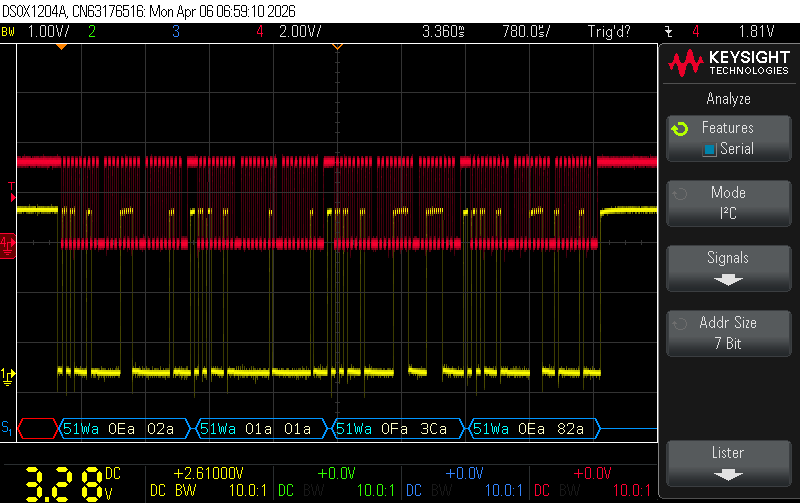 Oscilloscope capture of FPGA writing to RTC
