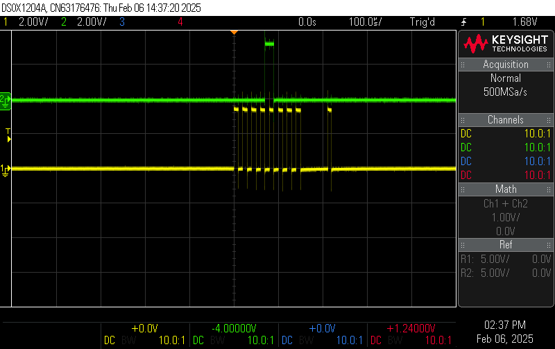 Oscilloscope capture of SPI SCK and MOSI signals