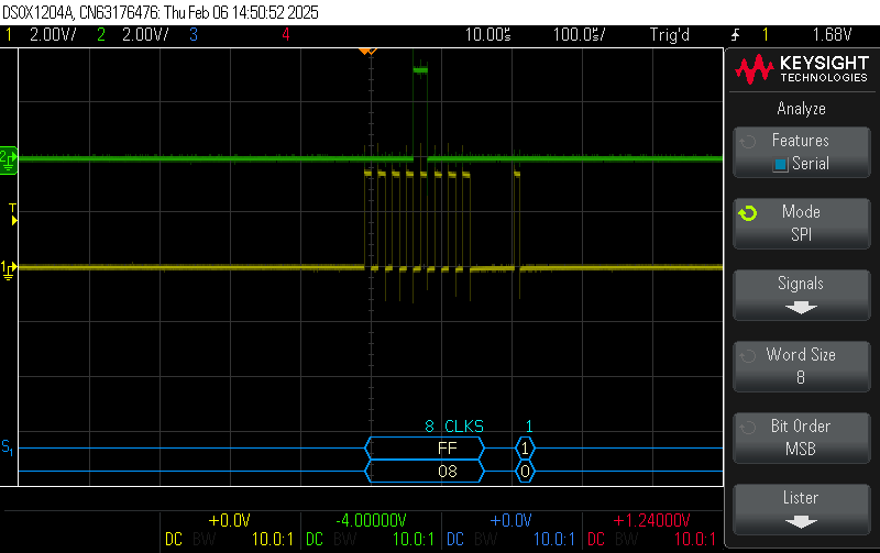 Oscilloscope SPI analysis mode showing decoded data on MISO