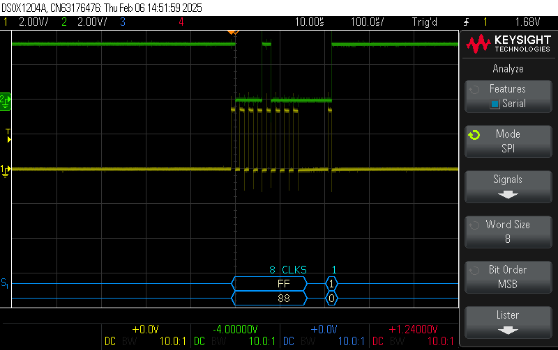 Oscilloscope SPI analysis mode showing decoded data on MISO during button press
