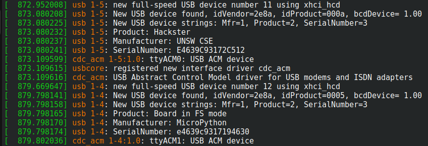 Ubuntu dmesg output after both Hackster ports are connected