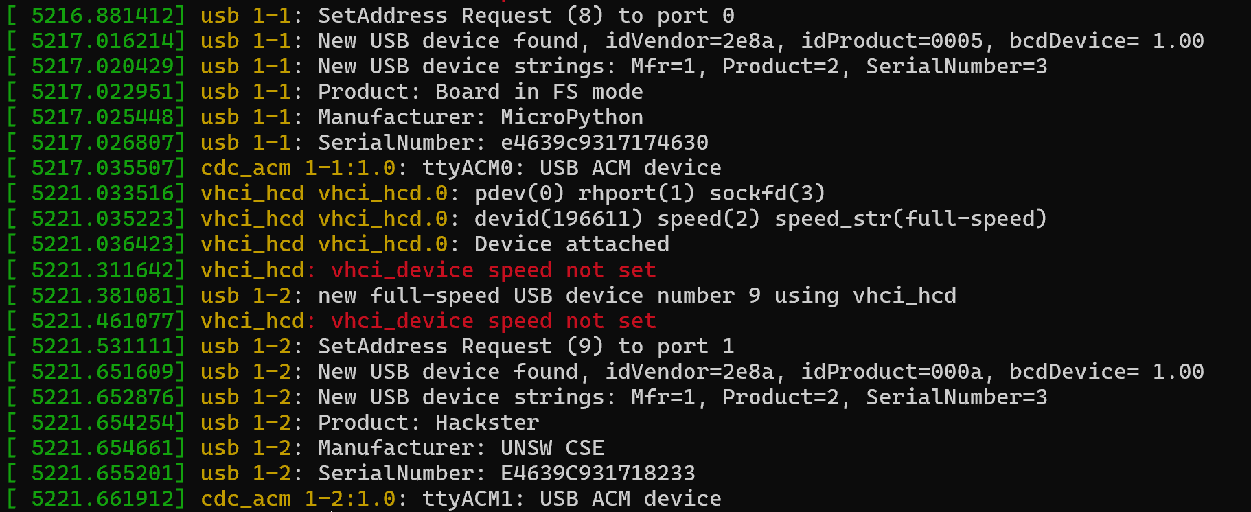 WSL dmesg output after Hackster is connected