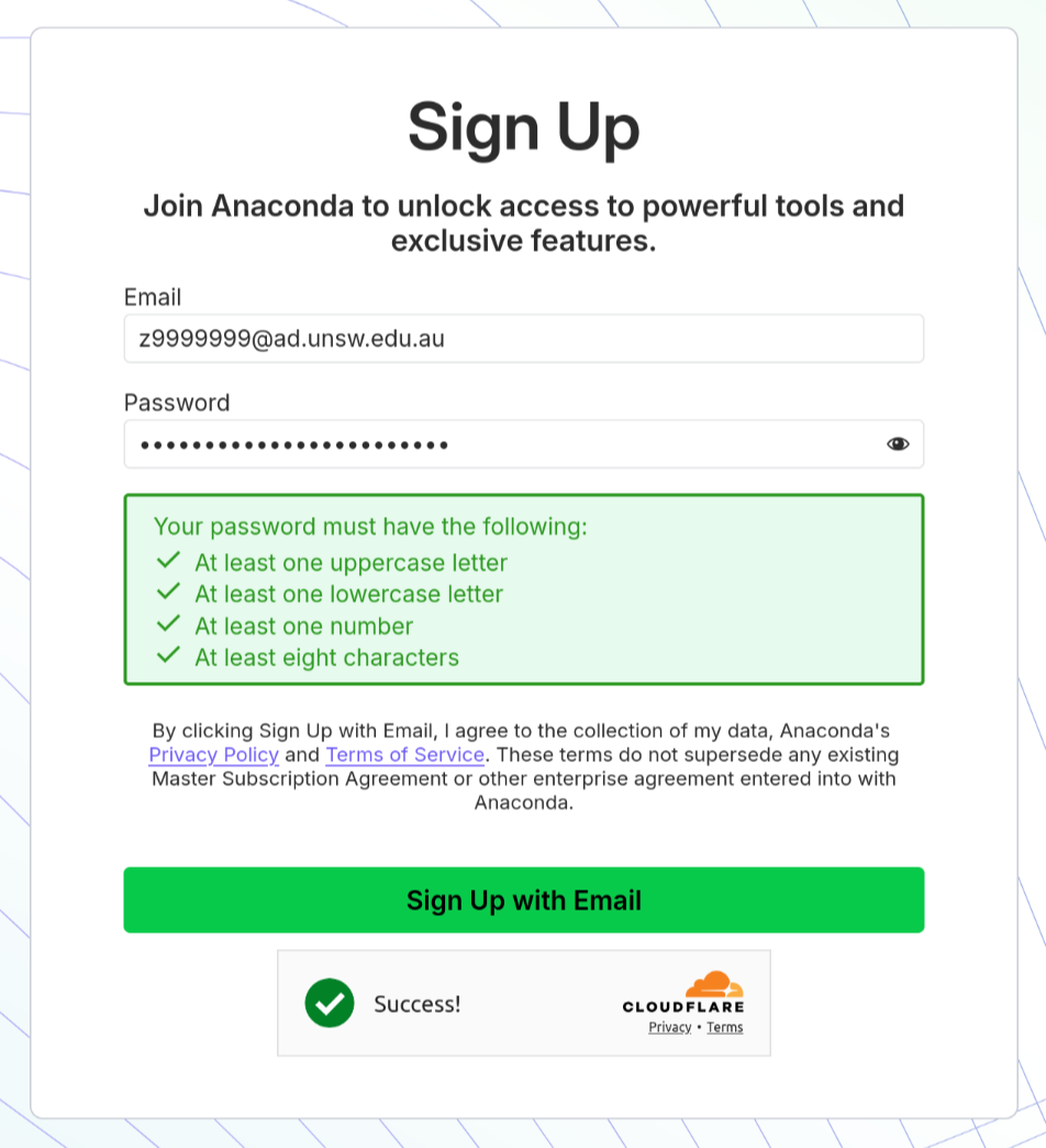 Anaconda sign up with email prompt with populated details