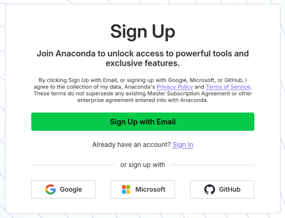 Anaconda sign up with email prompt