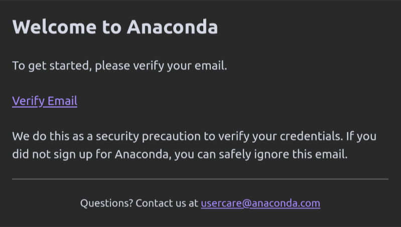 Anaconda verify email screenshot with link