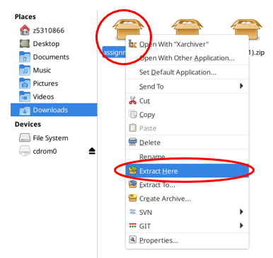Extract Here button selected in file manager context menu
