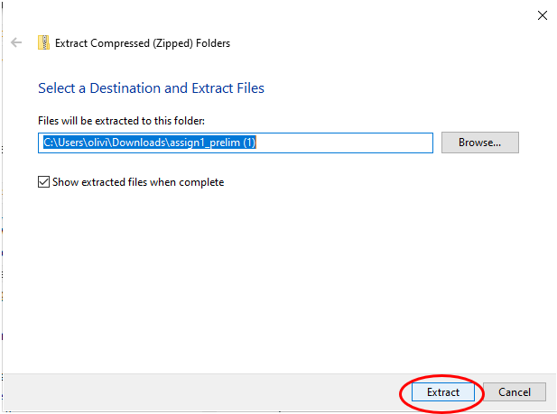 Extract ZIP prompt with destination and extract button highlighted