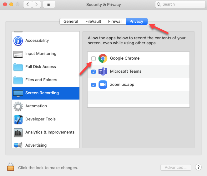 Screen Recording entry open with arrows pointing to browser