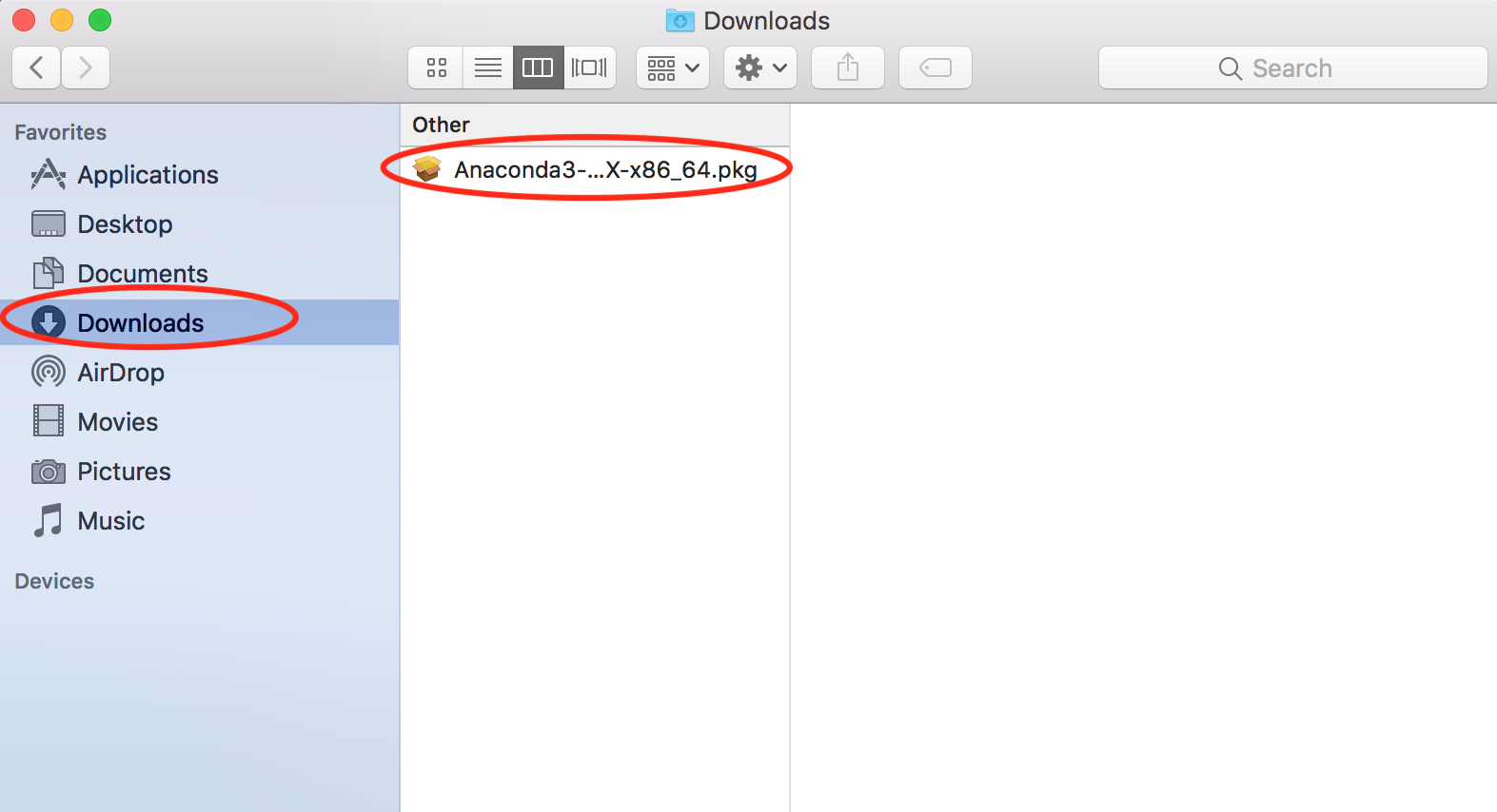 macOS Finder in Downloads folder with Anaconda installer highlighted