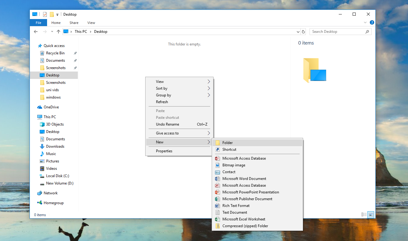 New Folder button in Windows context menu