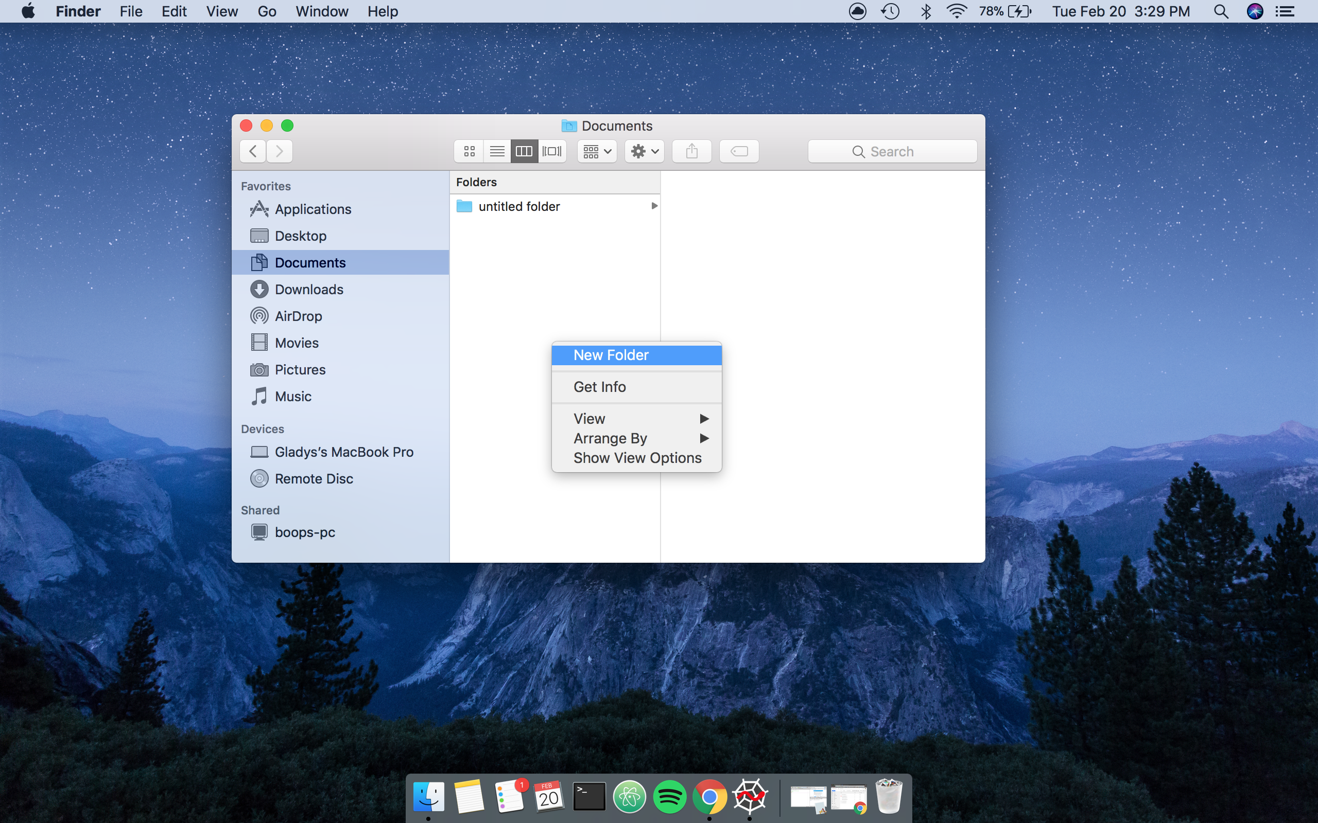 New Folder button in Finder context menu