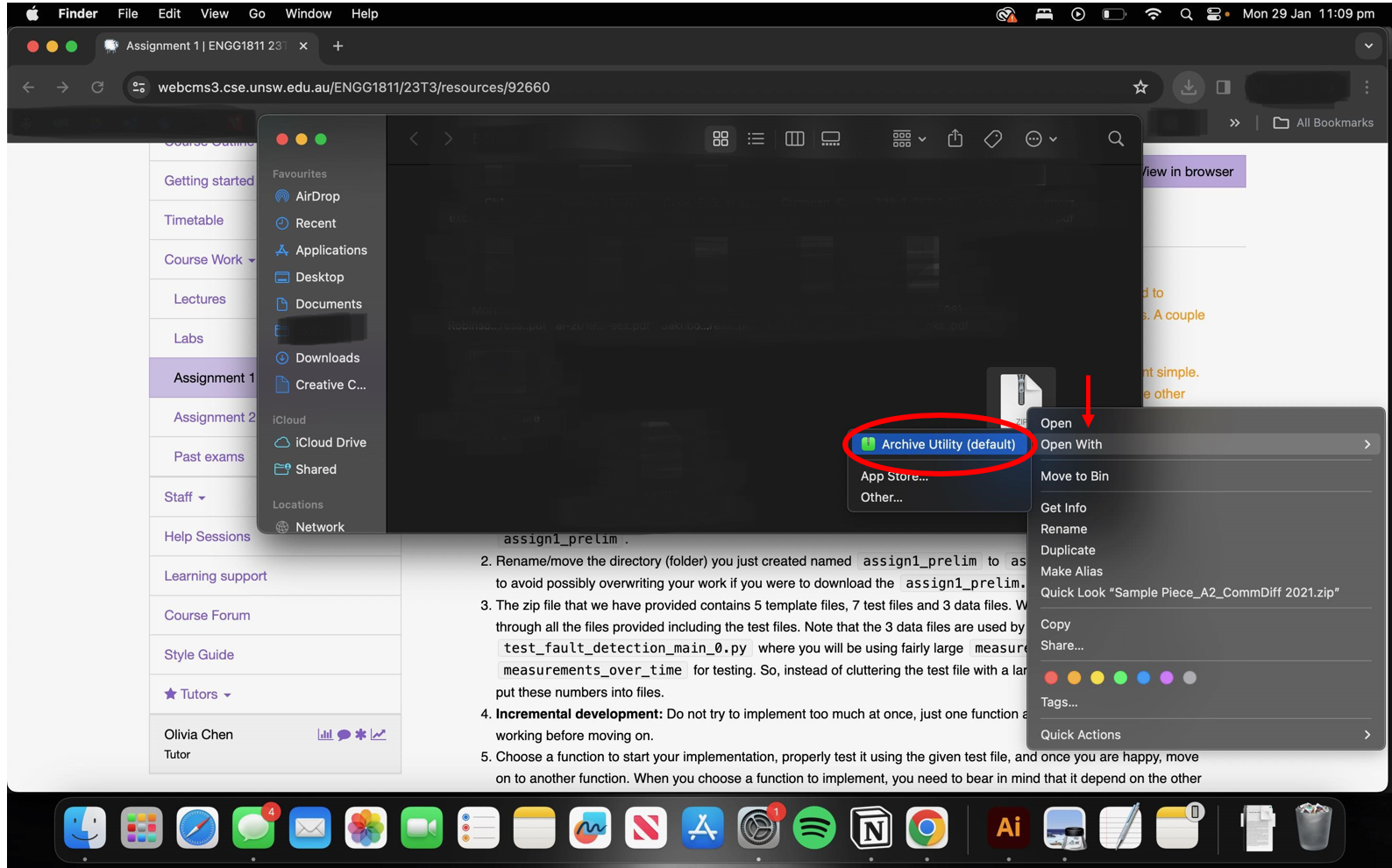 ZIP file selected with context menu entry open on Archive Utility