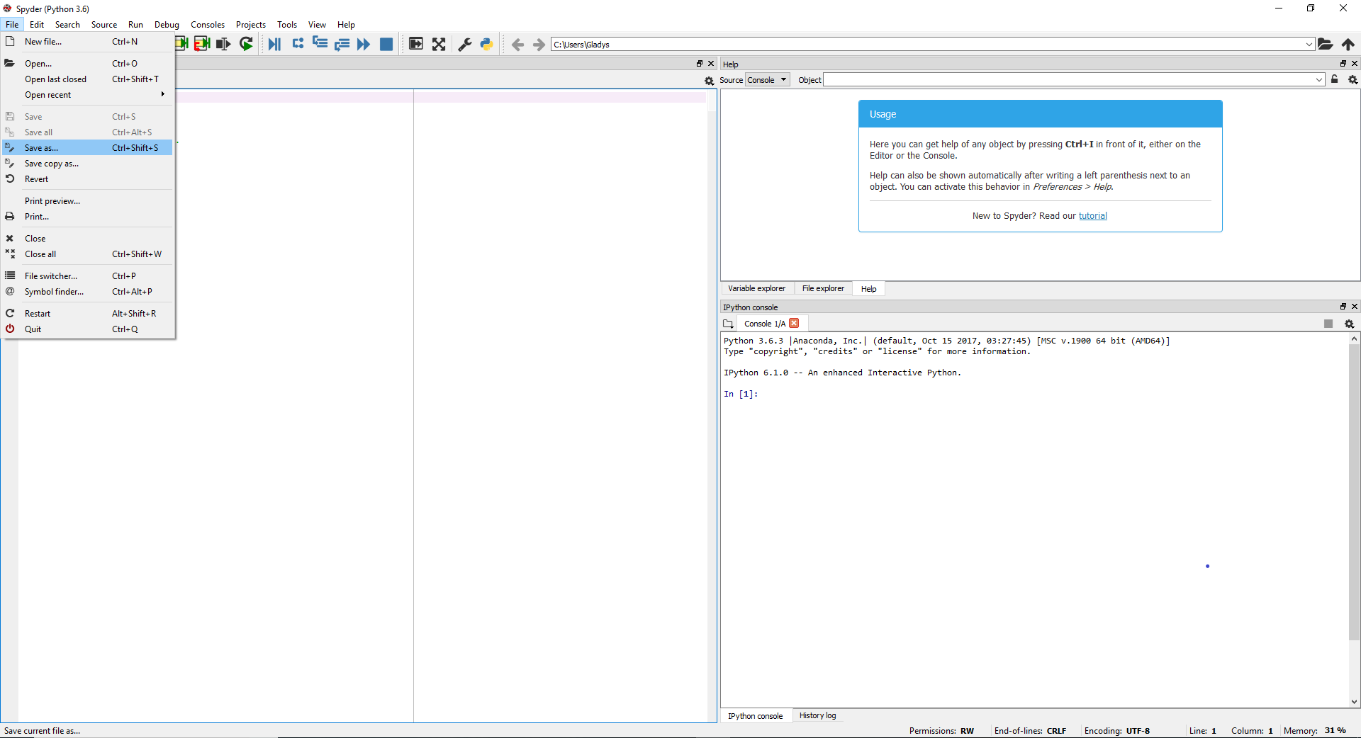 Save As button in Spyder on Windows