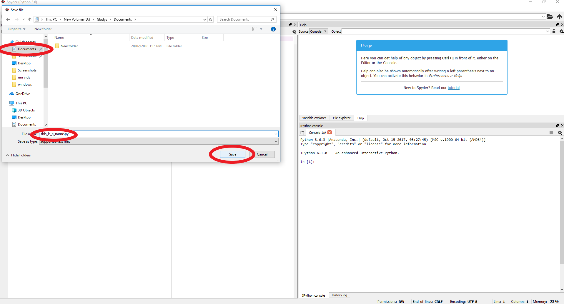 Save dialog in Spyder on Windows