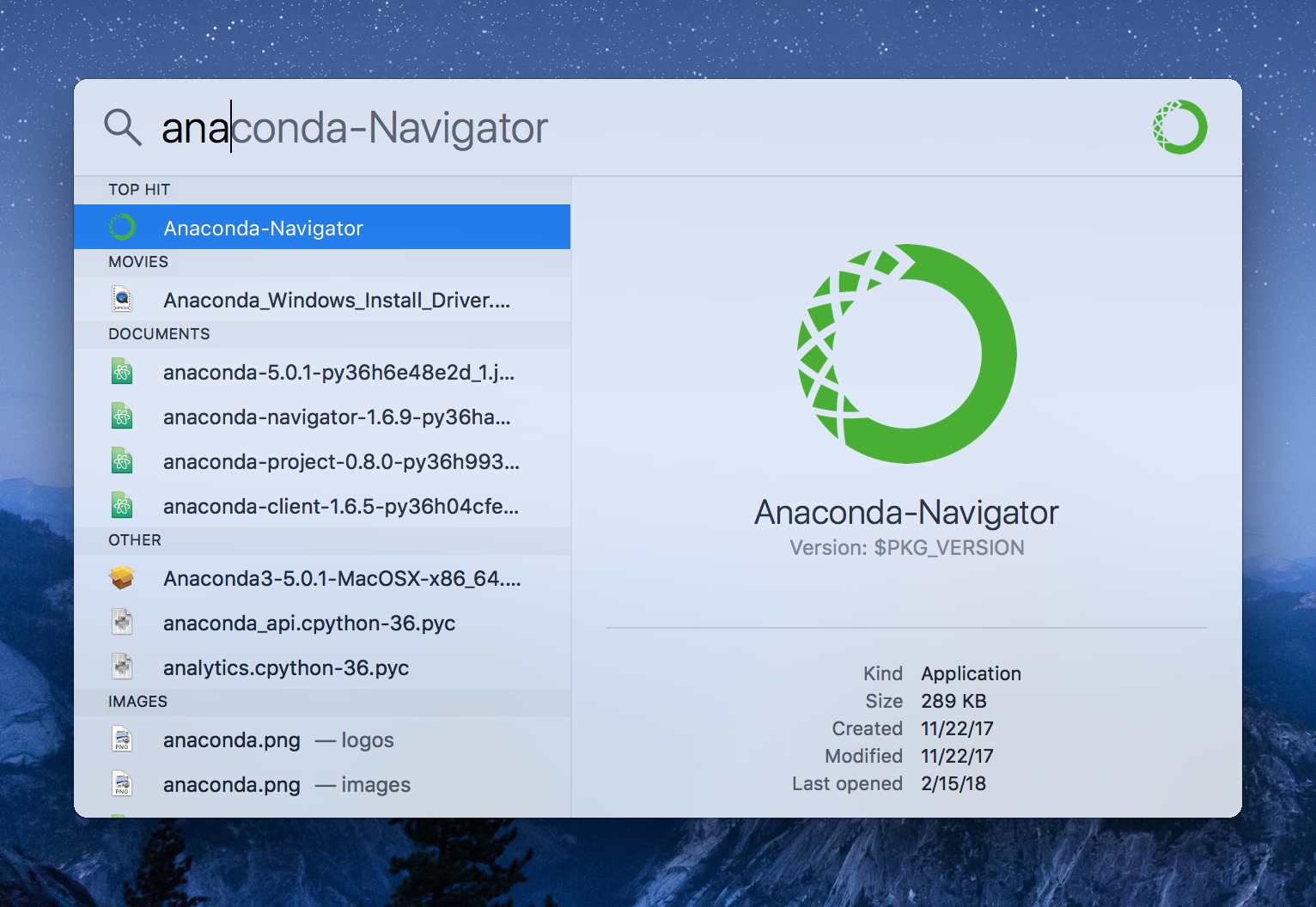 Anaconda Navigator in Spotlight Search