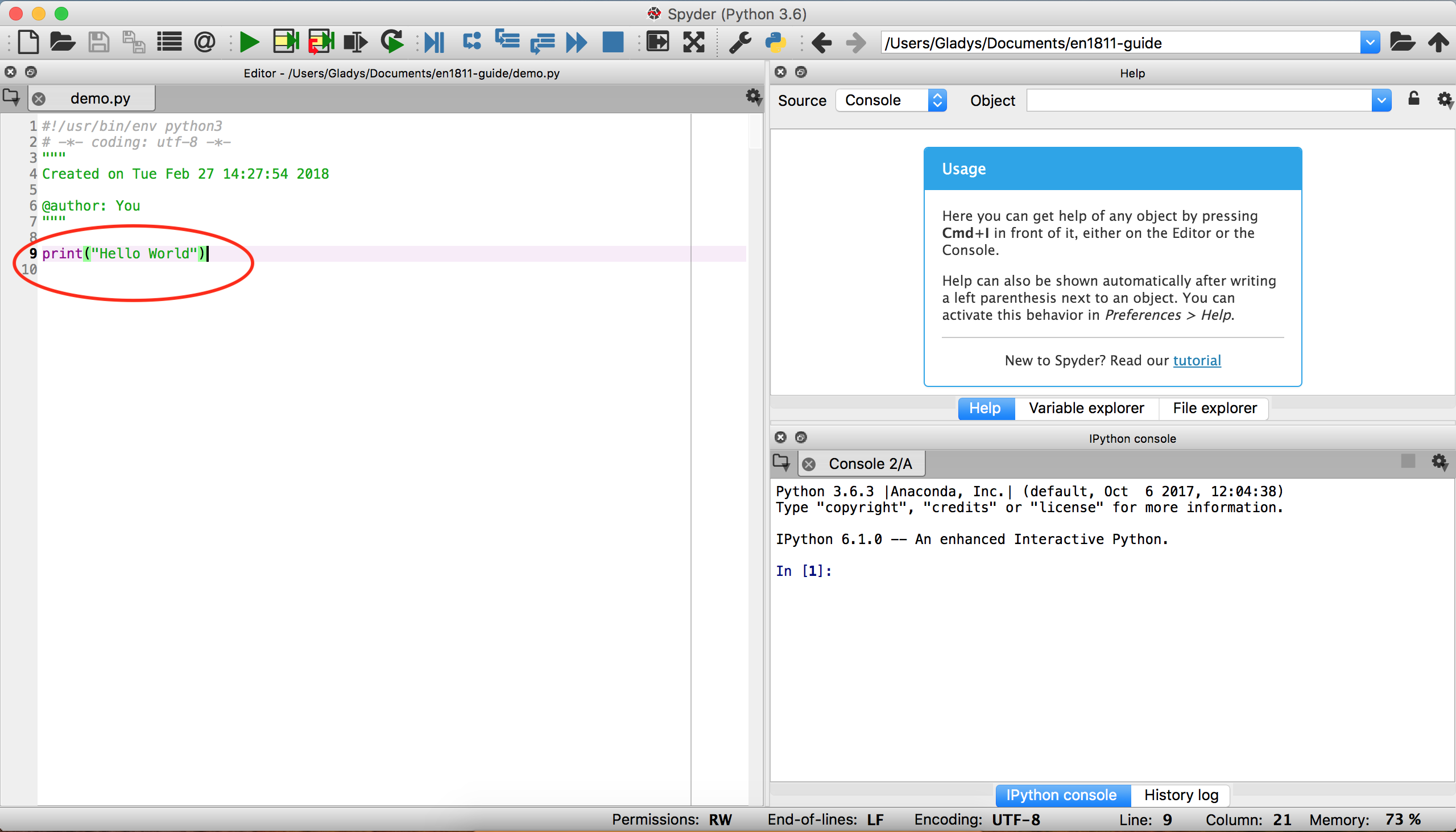 Hello world Python snippet in Spyder