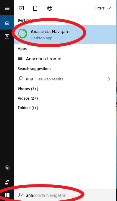 Anaconda Navigator on the Start Menu after searching
