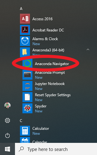 Anaconda Navigator on the list of Start Menu programs