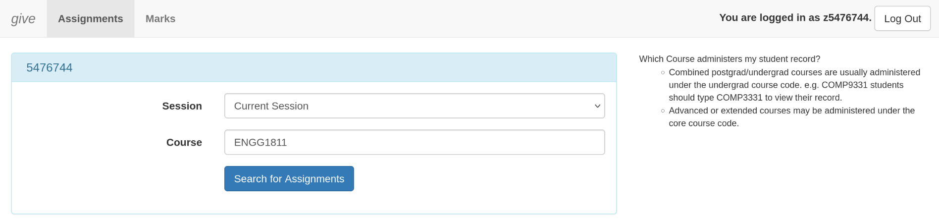 Online submission page with ENGG1811 typed into course field