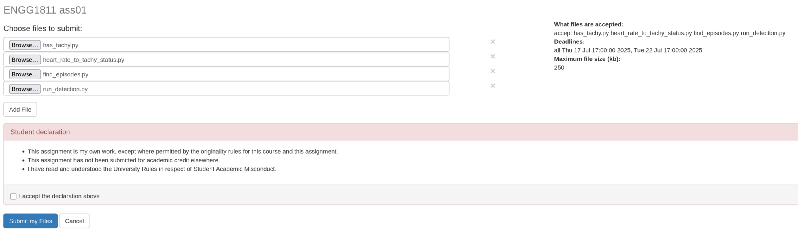 Online submission prompt with files attached