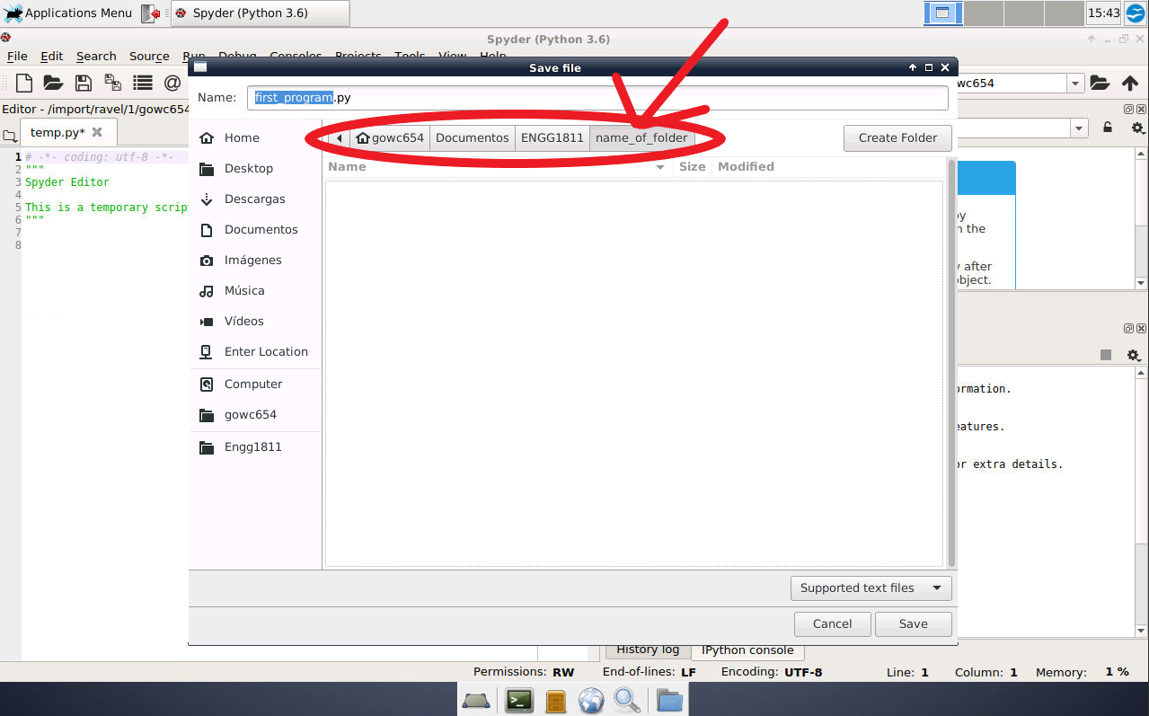 Save file prompt from Spyder in VLAB with path highlighted