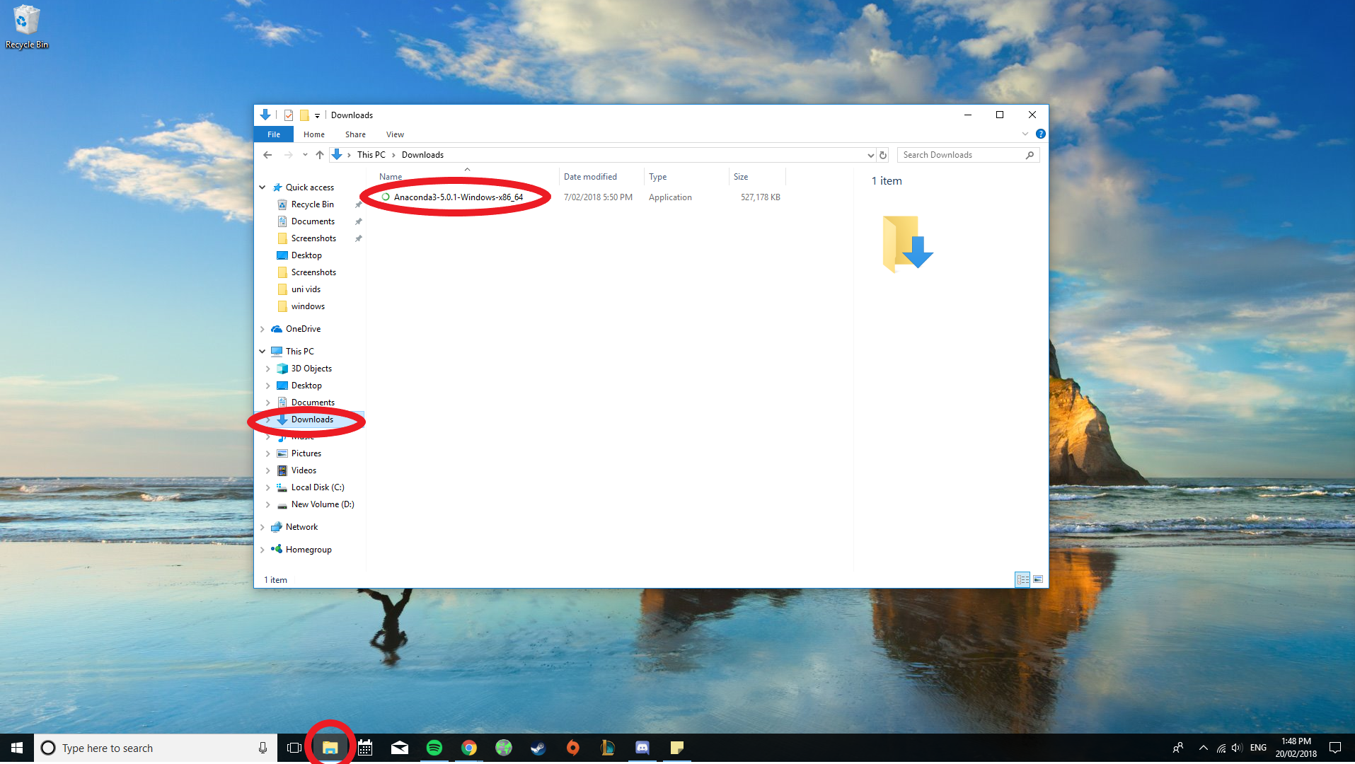 Windows Explorer in Downloads folder with Anaconda installer highlighted